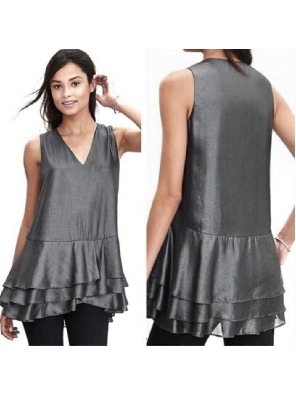 Banana Republic Whimsigoth Chic Metallic Tiered Ruffle Hem Peplum Top size XS